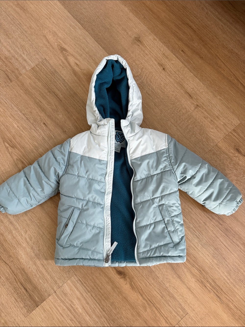 Children's Hooded Puffer Jacket in Light Blue and White with Blue Lining